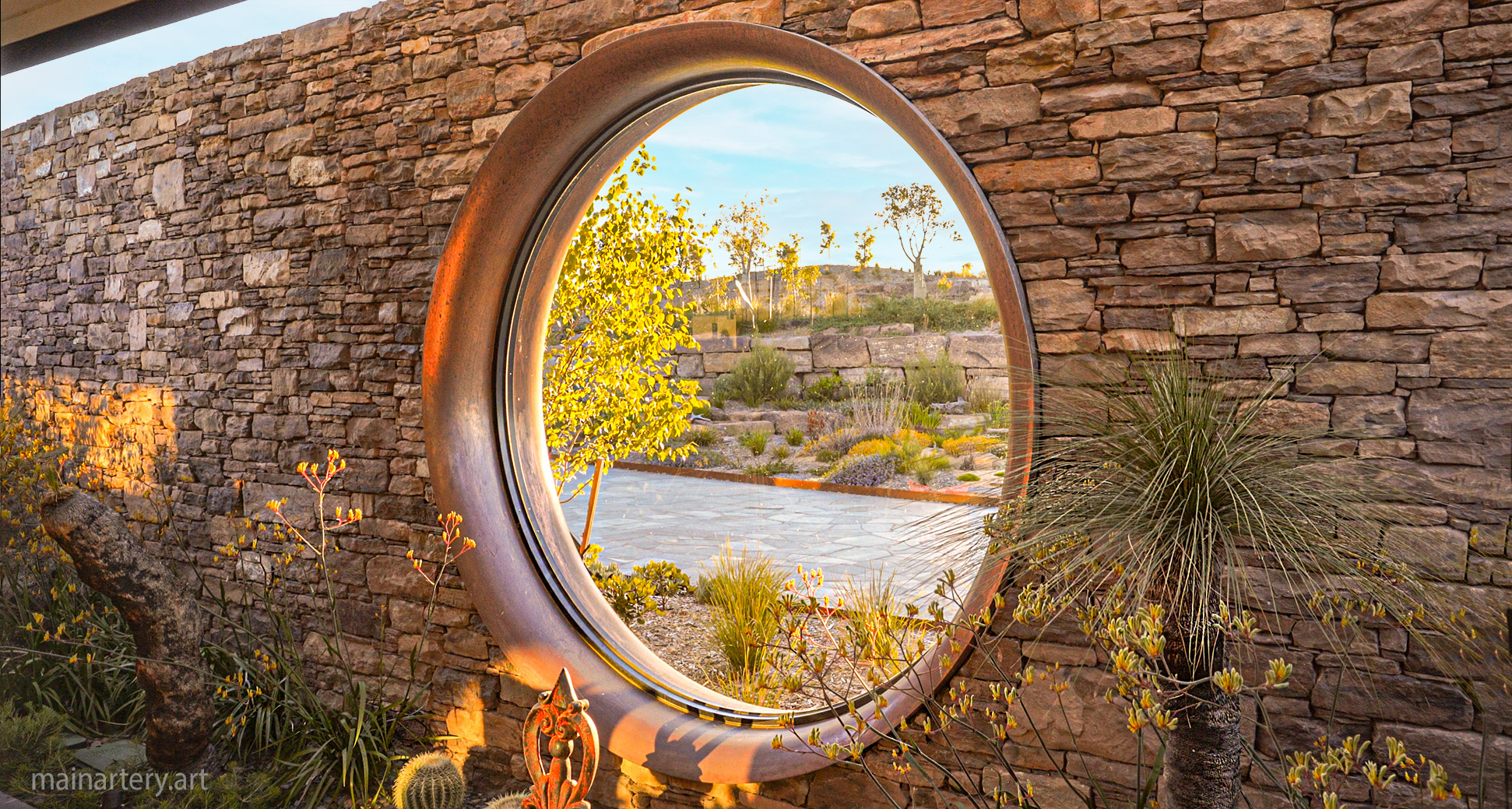 huge copper contemporary architectural porthole window slate wall image