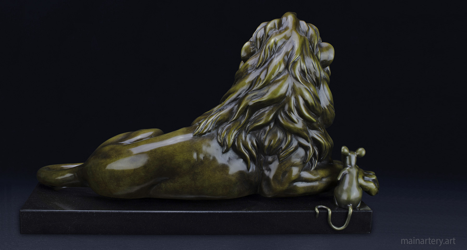 bronze patina representational lion and mouse sculpture image