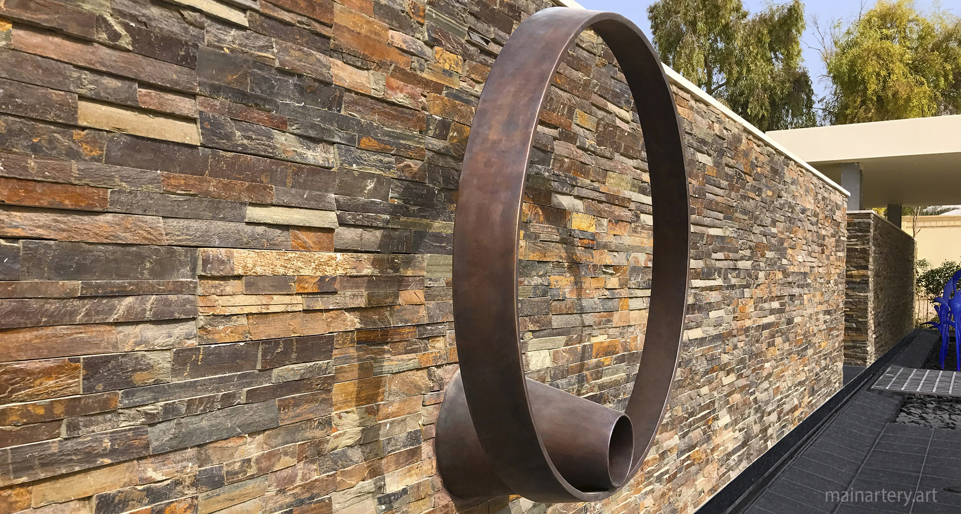 outdoor water feature landscape copper circular font wall sculpture image