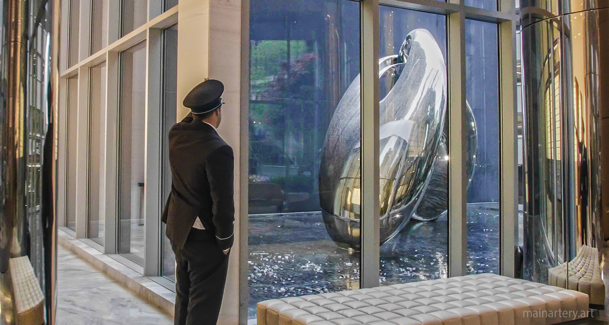 Building Entrance Polished Contemporary Public Sculpture, adding elegance to modern architecture