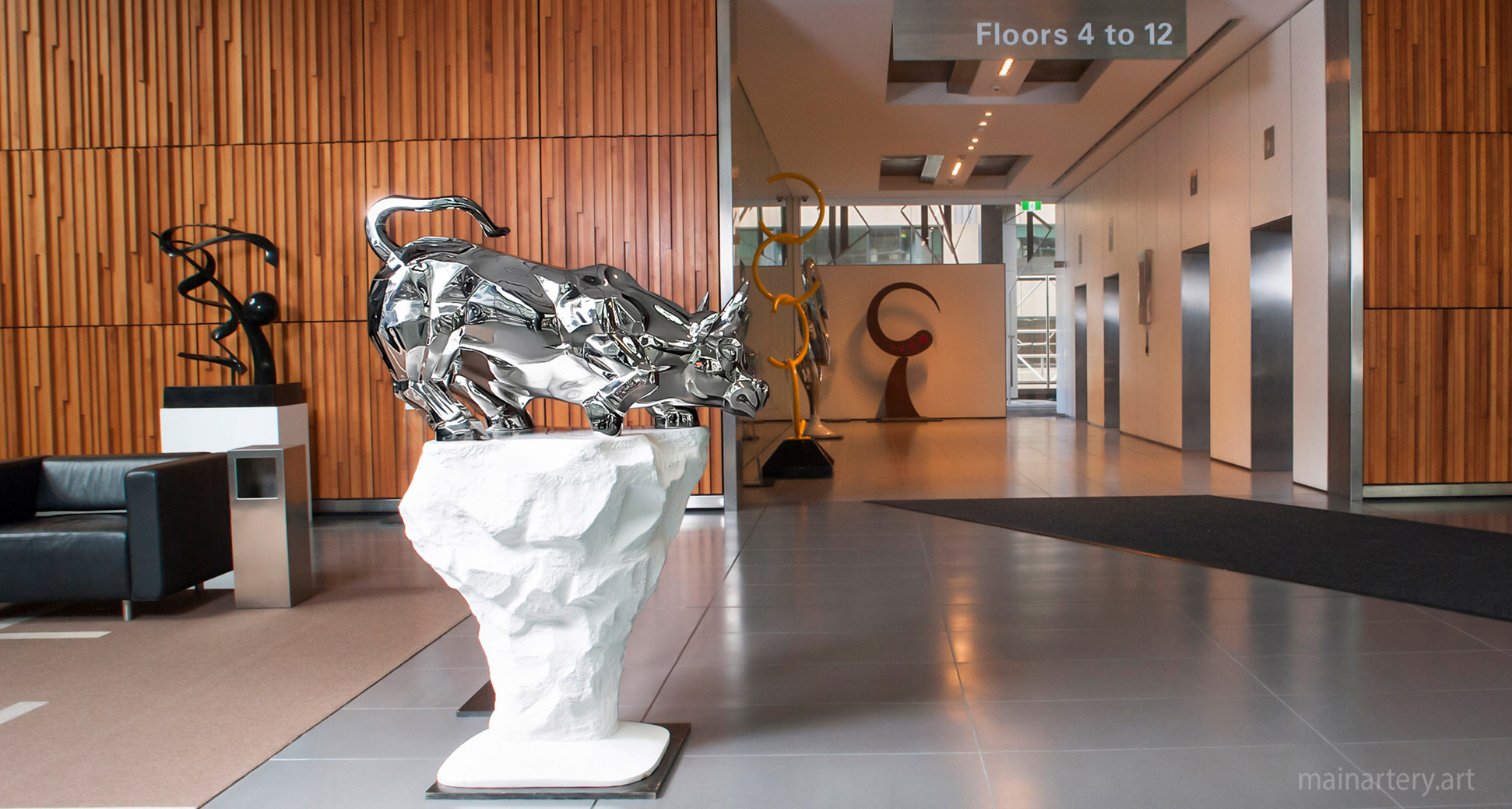freestanding stainless raging bull lobby sculpture image