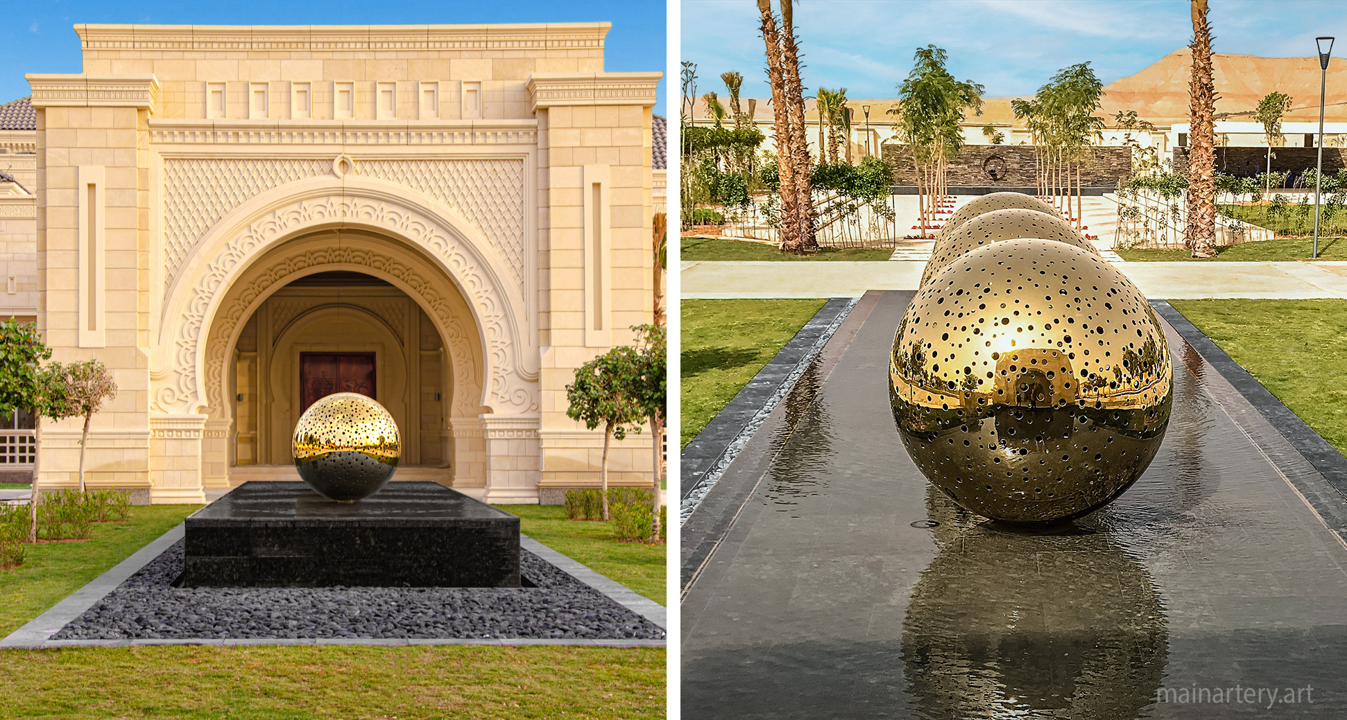ornate palace entrance mirror polished spherical water feature sculptures image