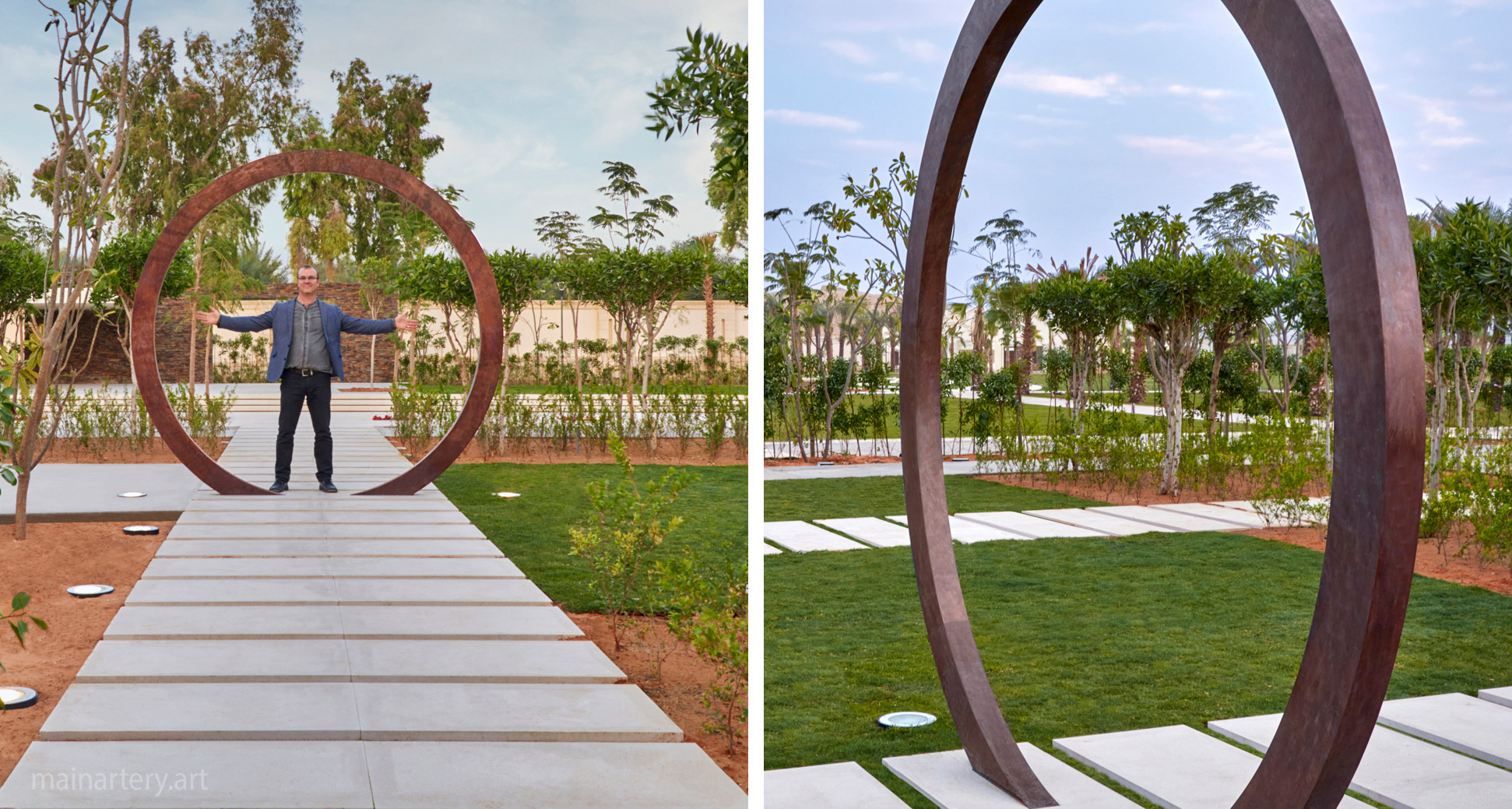 large bronze circular garden landscape sculpture moongate image