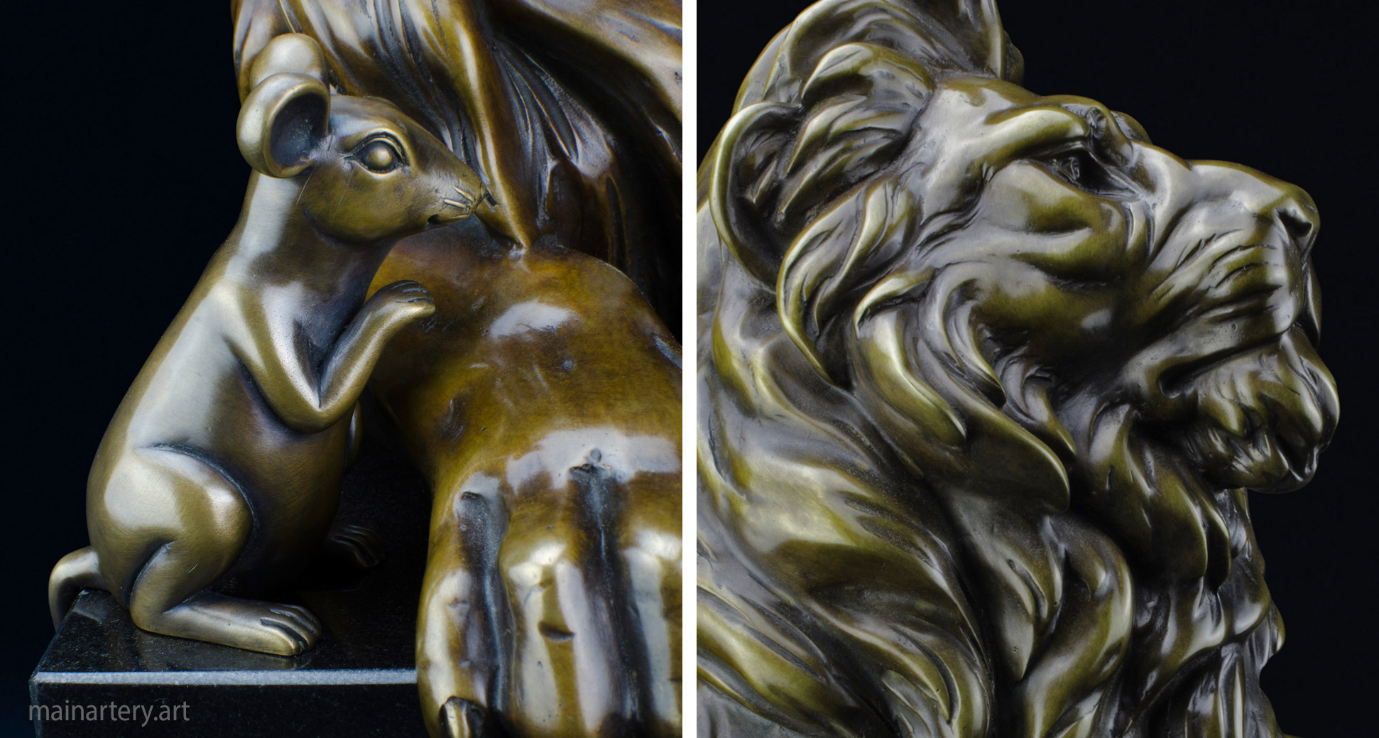 detailed metal representational outdoor lion mouse artwork image