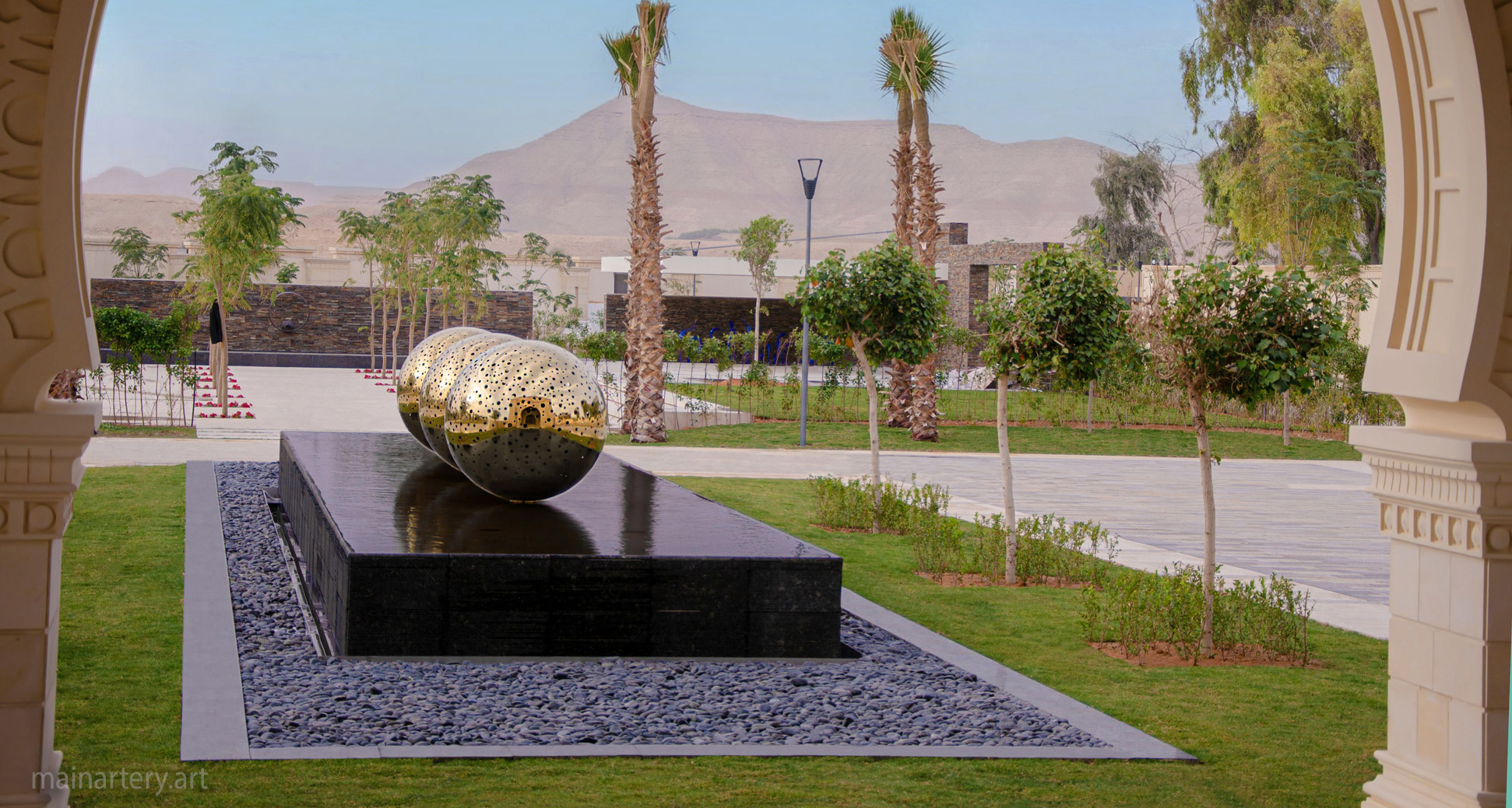 large gold titanium balls water feature sculpture image