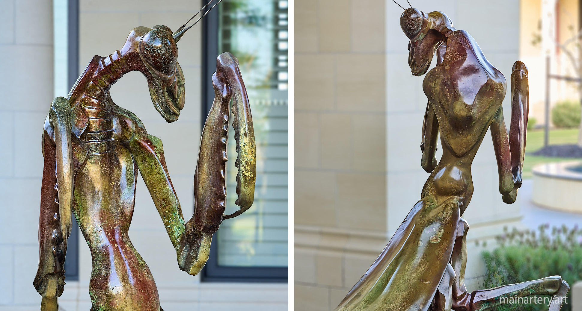 medium multi patina insect outdoor praying mantis art image
