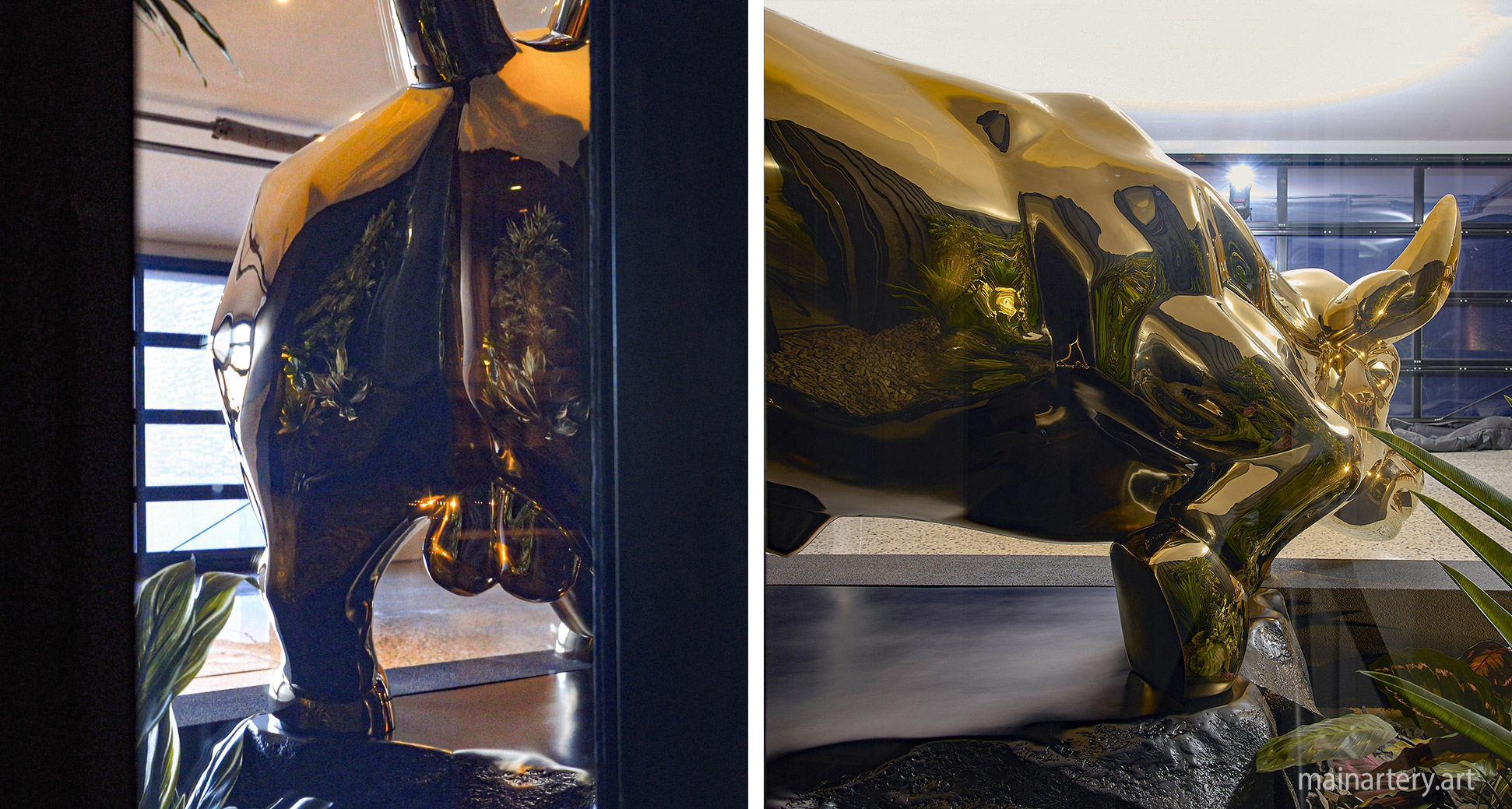 giant gold titanium modern interior stock traders bull sculpture image